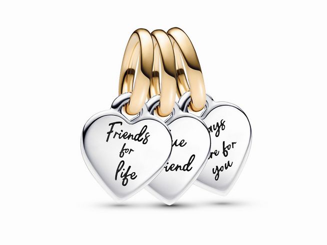 Bicolor teilbarer dreifacher Freundschafts-Charm-Anhänger von Pandora aus Sterling Silber und Gelbgold Vergoldung, mit witzigen Inschriften auf den Anhängern.