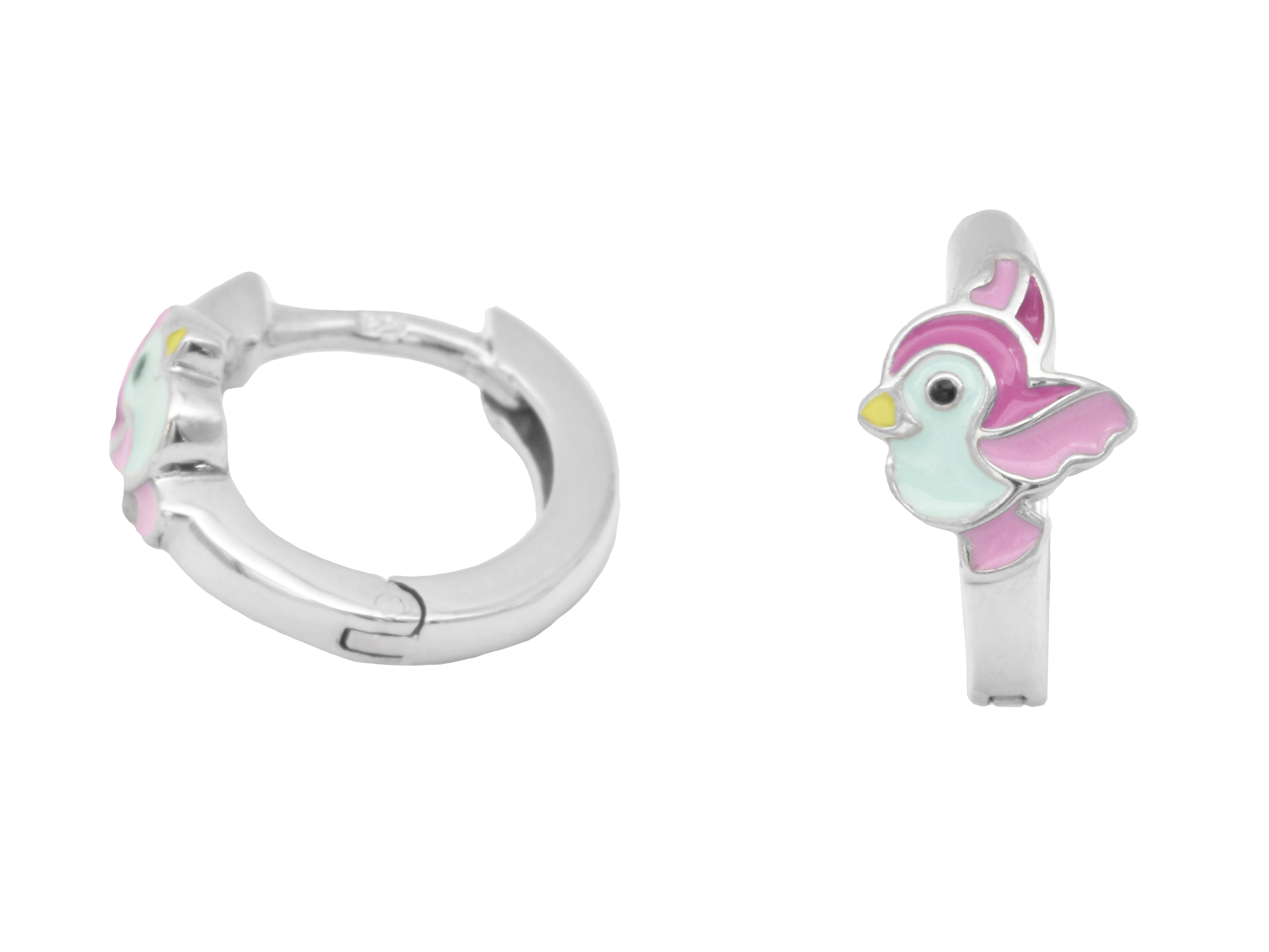 Creolen Ohrringe in Sterling Silber rhodiniert, 1,2 cm groß, mit buntem Vogelmotiv in Lack rosa und blau, ideal für Kinder, vom Hersteller Juwelier Harnisch.