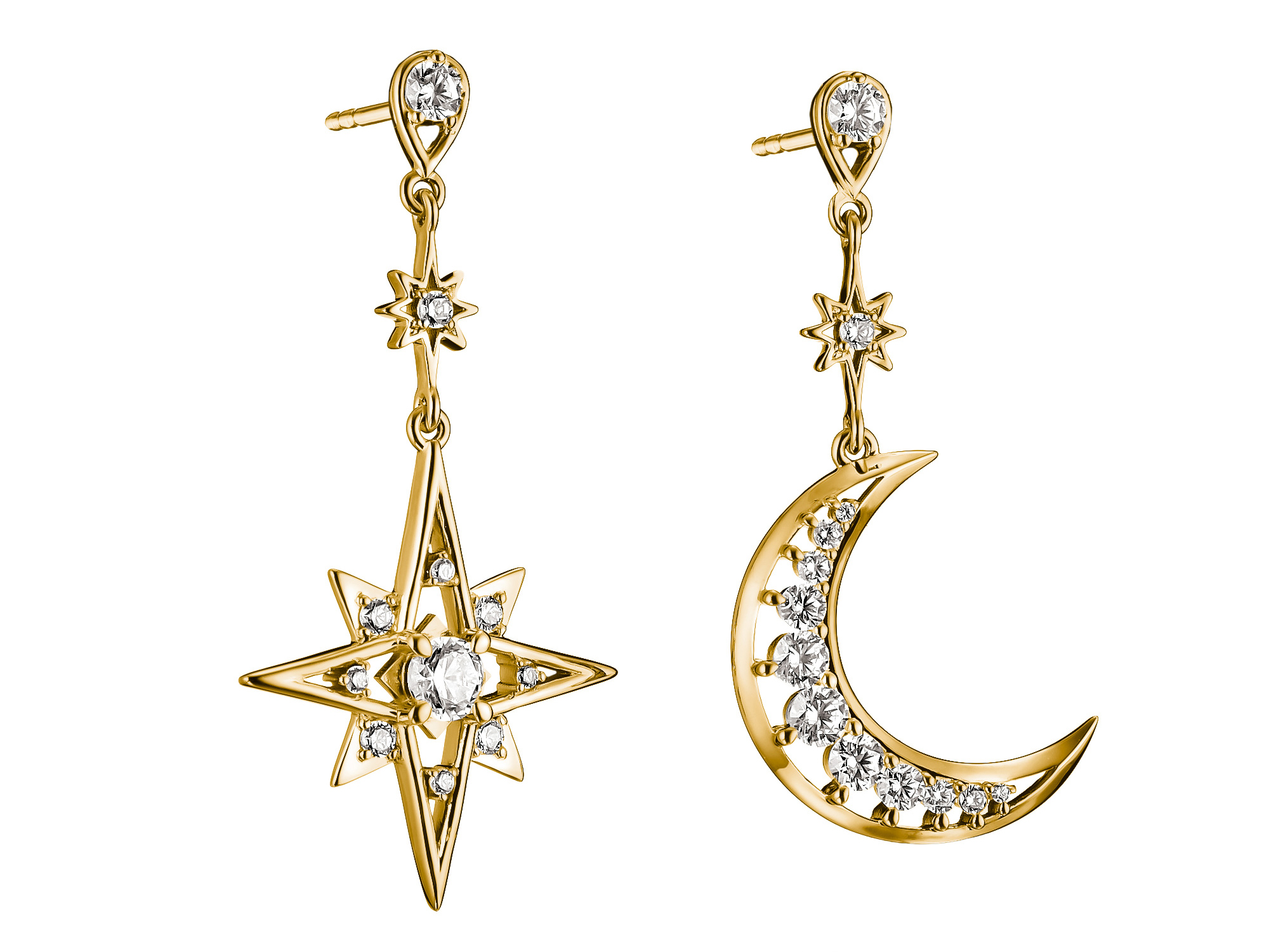 Ohrringe von Thomas Sabo im Design eines Mondes und eines Sterns aus 18k Gelbgold mit Zirkonia-Besatz, elegant und funkelnd, ideales Schmuckstück für besondere Anlässe.