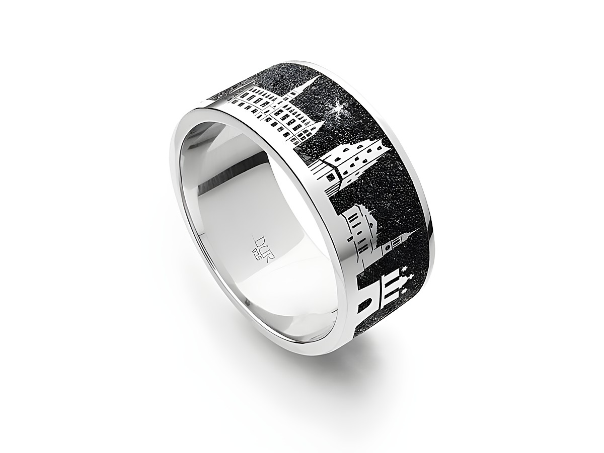 Lavasand Ring Nachtring Hamburg aus Sterling Silber in Größe 60 mit stilisierten Hamburger Gebäuden auf schwarzem Hintergrund, Hersteller DUR, elegant und modern gestaltet.