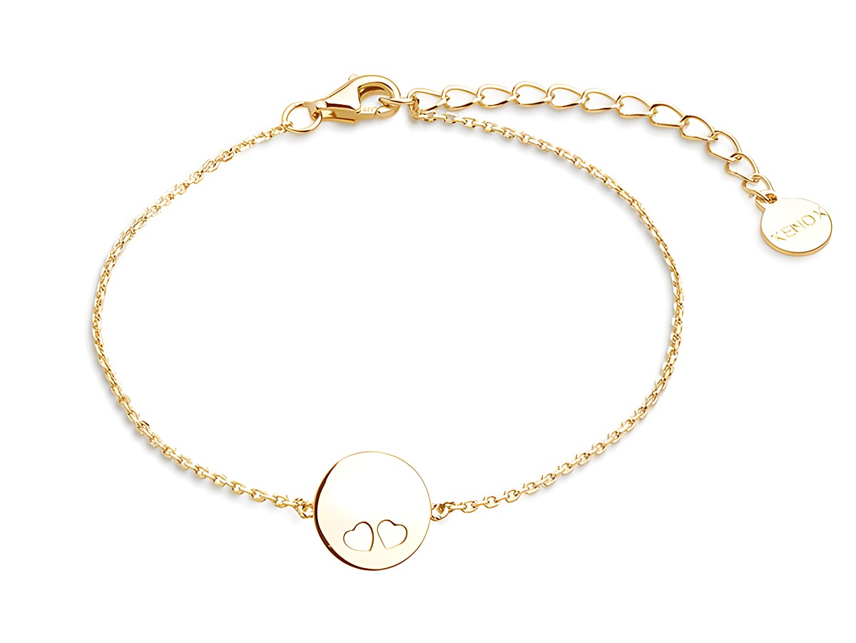 Silberarmband XS3572G von Xenox mit LOVE STORY Motiv, vergoldete Ankerkette, Herzchen an dem runden Anhänger, verstellbar von 15 bis 18,5 cm, elegantes Schmuckstück für jeden Anlass.