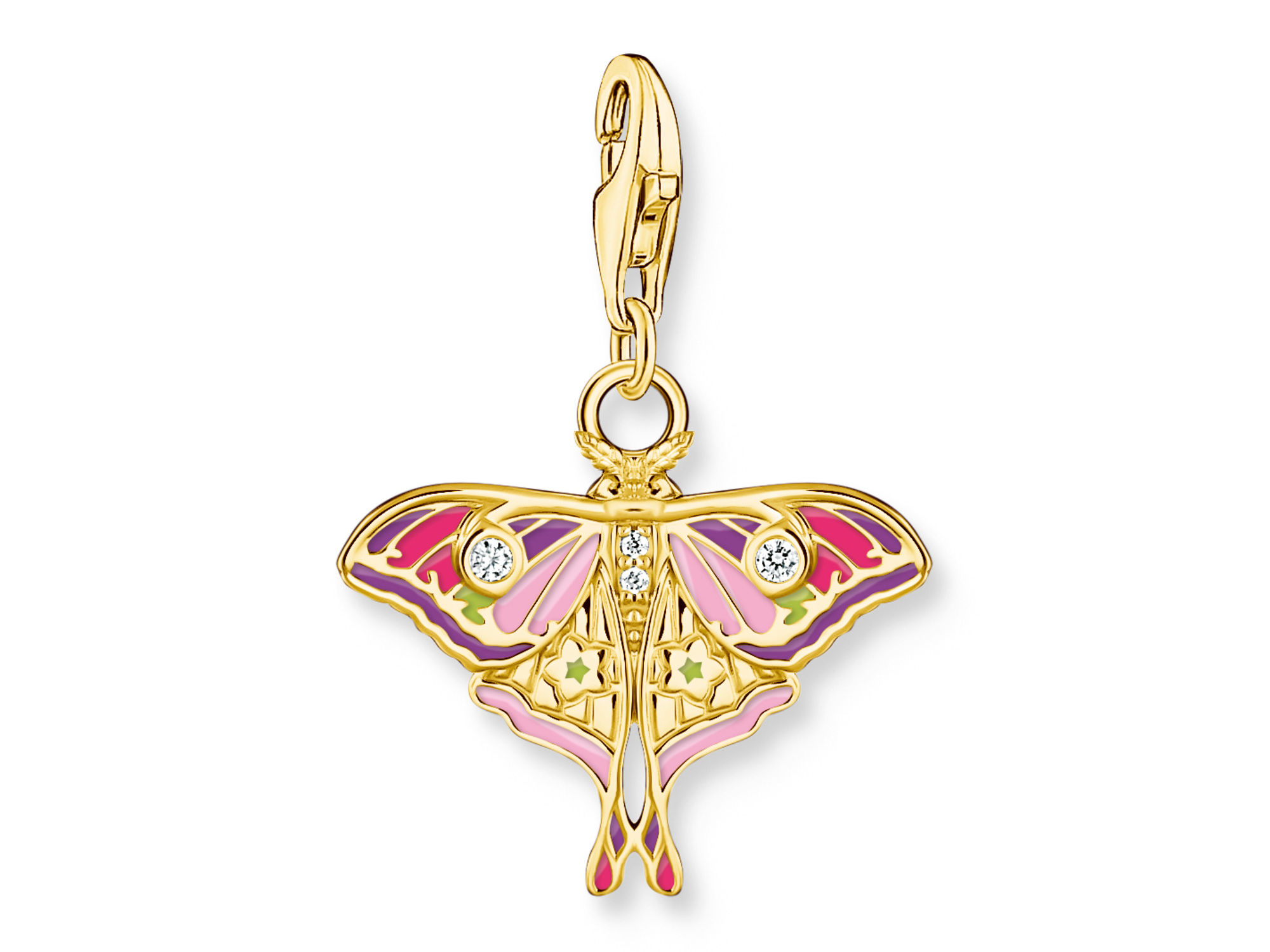 Thomas Sabo Charm-Anhänger 2209-565-7 Nachtfalter bunt aus vergoldetem Silber mit glitzernden Details und farbenfrohem Design, perfekt für jeden Schmuckliebhaber.