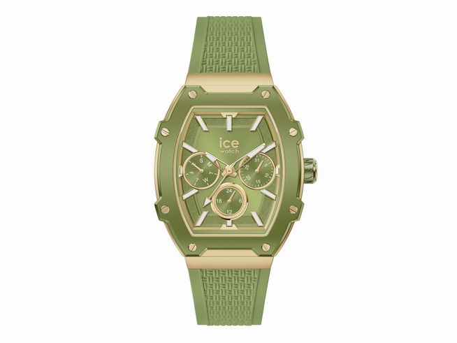 Die Ice Watch Uhr 022859 - ICE boliday Gold Forest - Small zeigt ein elegantes Design mit einem goldenen Gehäuse und grünem Ziffernblatt sowie grünem Armband aus Silikon. Ideal für modische Akzente.