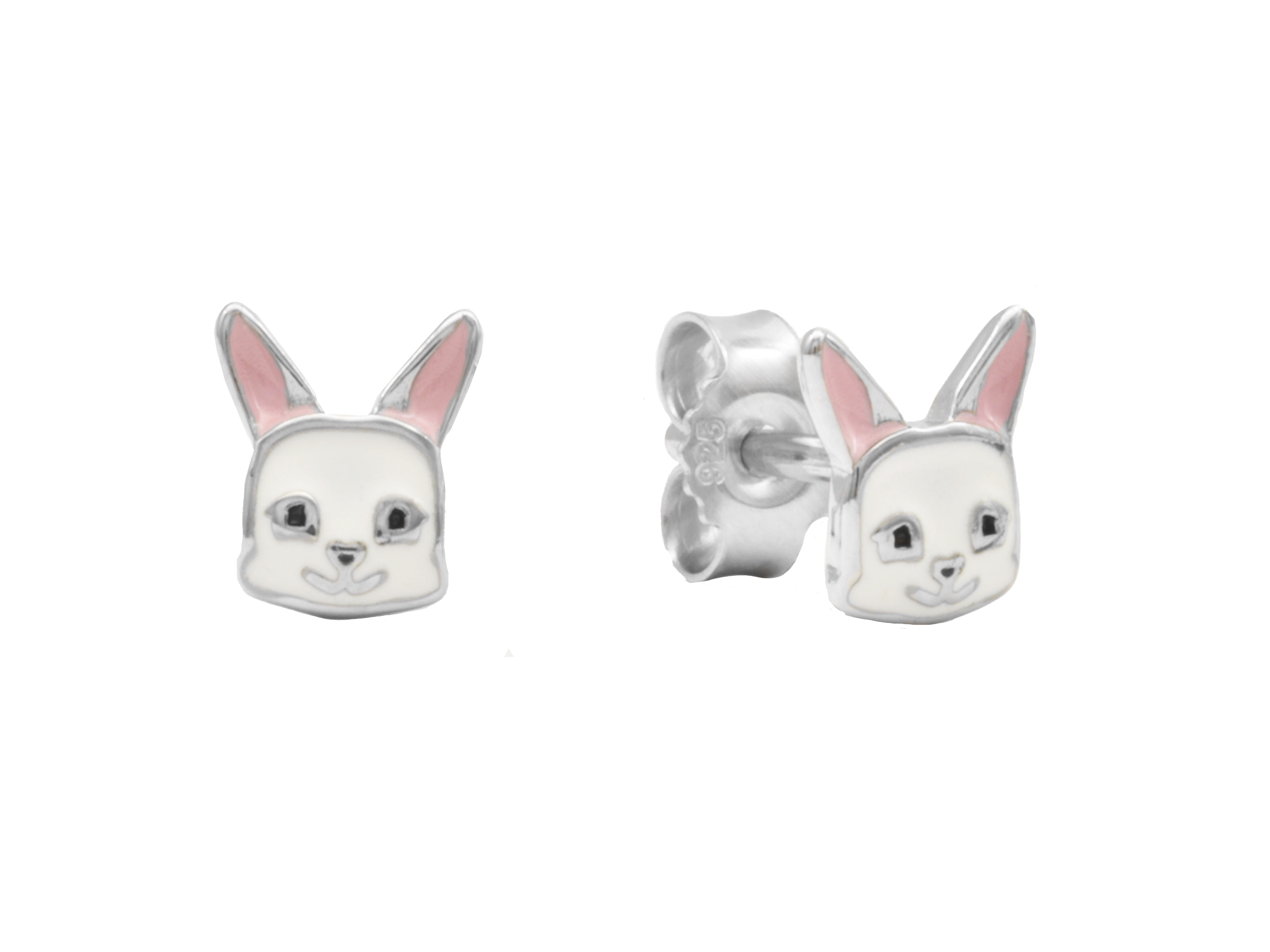Ohrstecker in Hasenkopf-Design für Kinder aus Sterling Silber 925, rhodiniert und poliert, mit Lackdetails. Hersteller Juwelier Harnisch. Ideal für den romantischen Kinderlook.