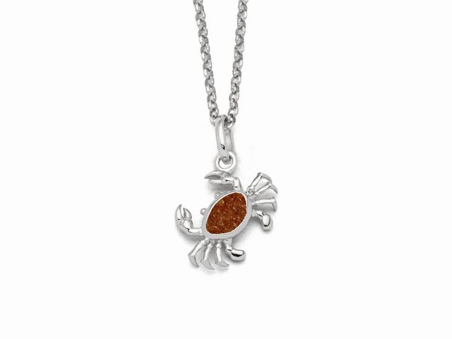Sterling Silber Kette mit einem Krabbenanhänger, der mit bernsteinfarbigem Sand gefüllt ist. Die Kette hat eine Länge von 45 cm und ist von der Marke DUR.