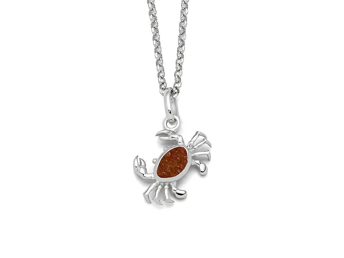 Sterling Silber Kette mit einem Krabbenanhänger, der mit bernsteinfarbigem Sand gefüllt ist. Die Kette hat eine Länge von 45 cm und ist von der Marke DUR.