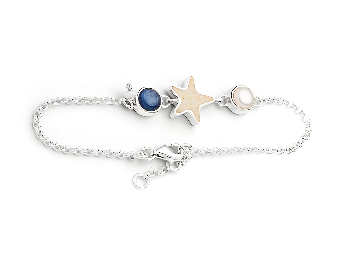 Rhodiniertes Sterling Silber Armband von DUR mit einem Sandseestern, einer Perle und Kyanit, Länge 19 cm, elegantes Design ideal für jeden Anlass.