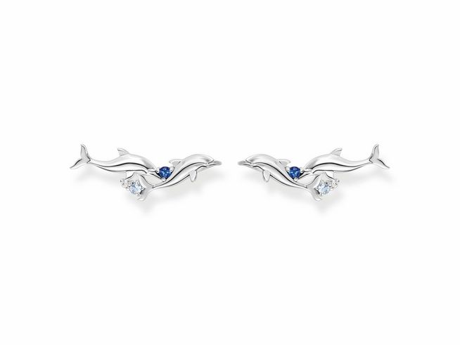 Thomas Sabo Ohrstecker aus Sterling Silber in Form von Delphinen mit synthetischem Spinell und Zirkonia, elegant und verspielt, perfekt für jeden Anlass.