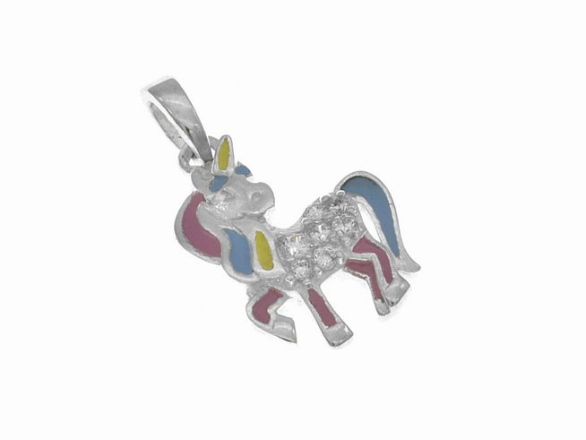 Einhorn Anhänger verspielt aus Silber mit Zirkonia und lackierten Farben in Pink, Blau und Gelb, hergestellt von Juwelier Harnisch, ideal für Kinder.
