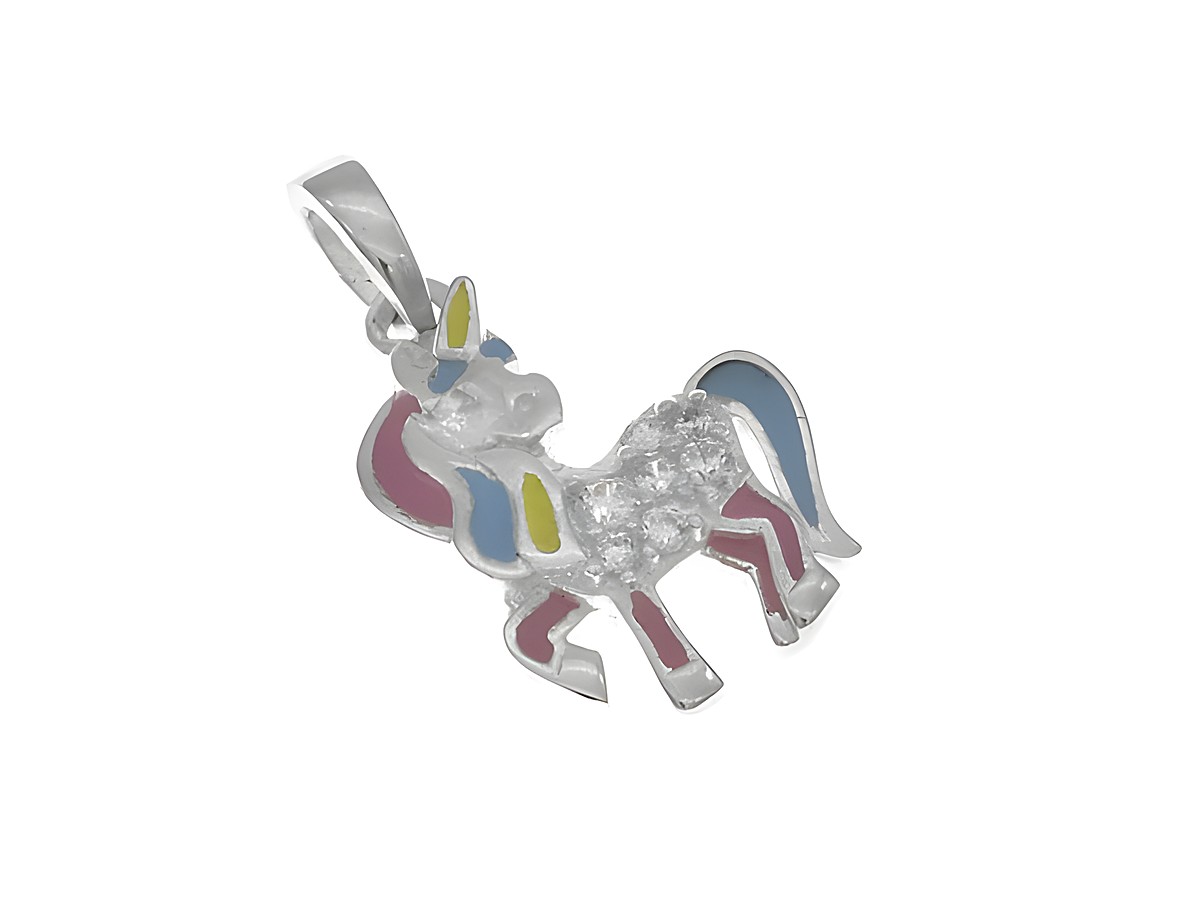 Einhorn Anhänger verspielt aus Silber mit Zirkonia und lackierten Farben in Pink, Blau und Gelb, hergestellt von Juwelier Harnisch, ideal für Kinder.