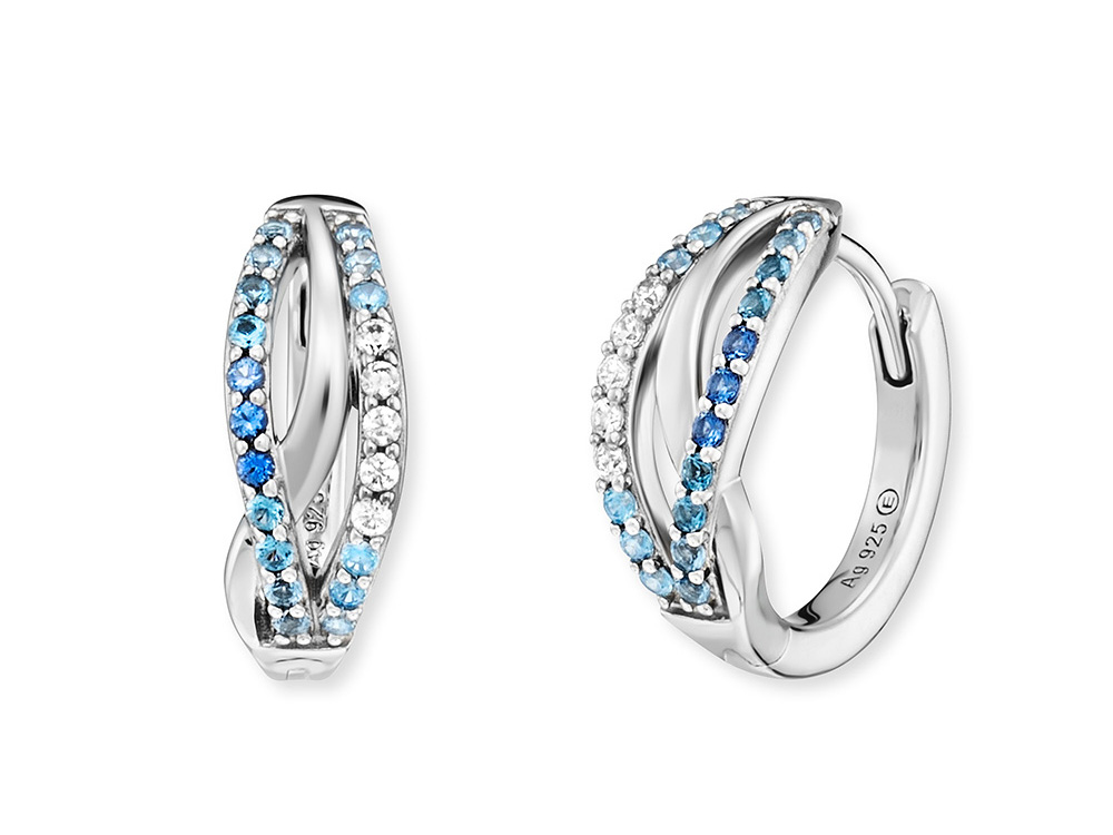 Engelsrufer ERE-OCEAN-ZIM-CR-16 Creole Infinity aus Silber mit Zirkonia in verschiedenen Blautönen, elegantes Design mit geschwungenen Formen und funkelnden Details, ideal für jeden Anlass.