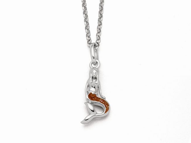 Sterling Silber Kette mit einer filigranen Meerjungfrau als Anhänger, deren Schwanz mit einem Bernstein-Sand Detail verziert ist, Länge 42 cm, Hersteller DUR.