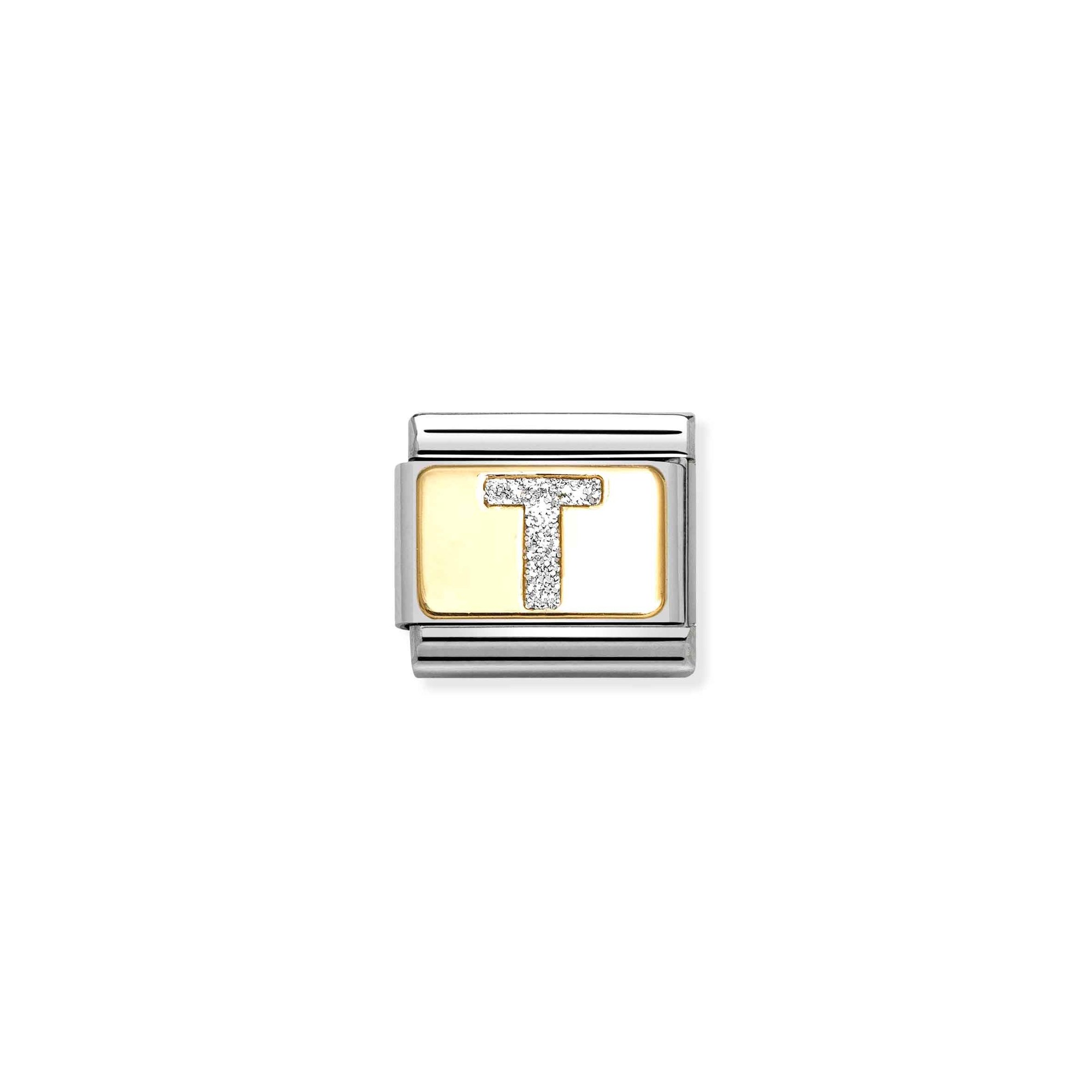 Nomination Composable Classic Charm Buchstabe T Silberglitzer - Edelstahl, Gold 750, Emaille