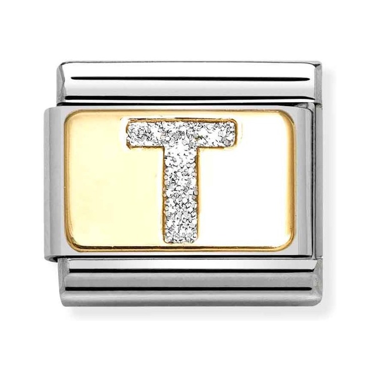 Nomination Composable Classic Charm Buchstabe T Silberglitzer - Edelstahl, Gold 750, Emaille