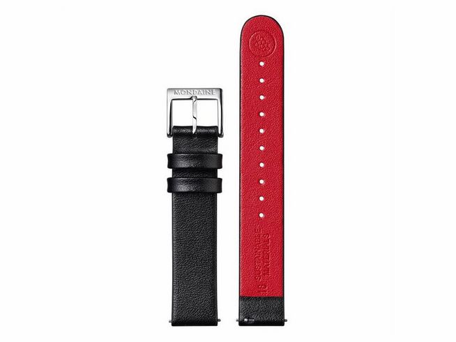 Lederarmband FGM.3116.21Q.K von Mondaine aus veganes Traubenleder in Schwarz mit roter Innenseite und Edelstahlverschluss, 16 mm Breite, geeignet als Ersatzarmband für Uhren.