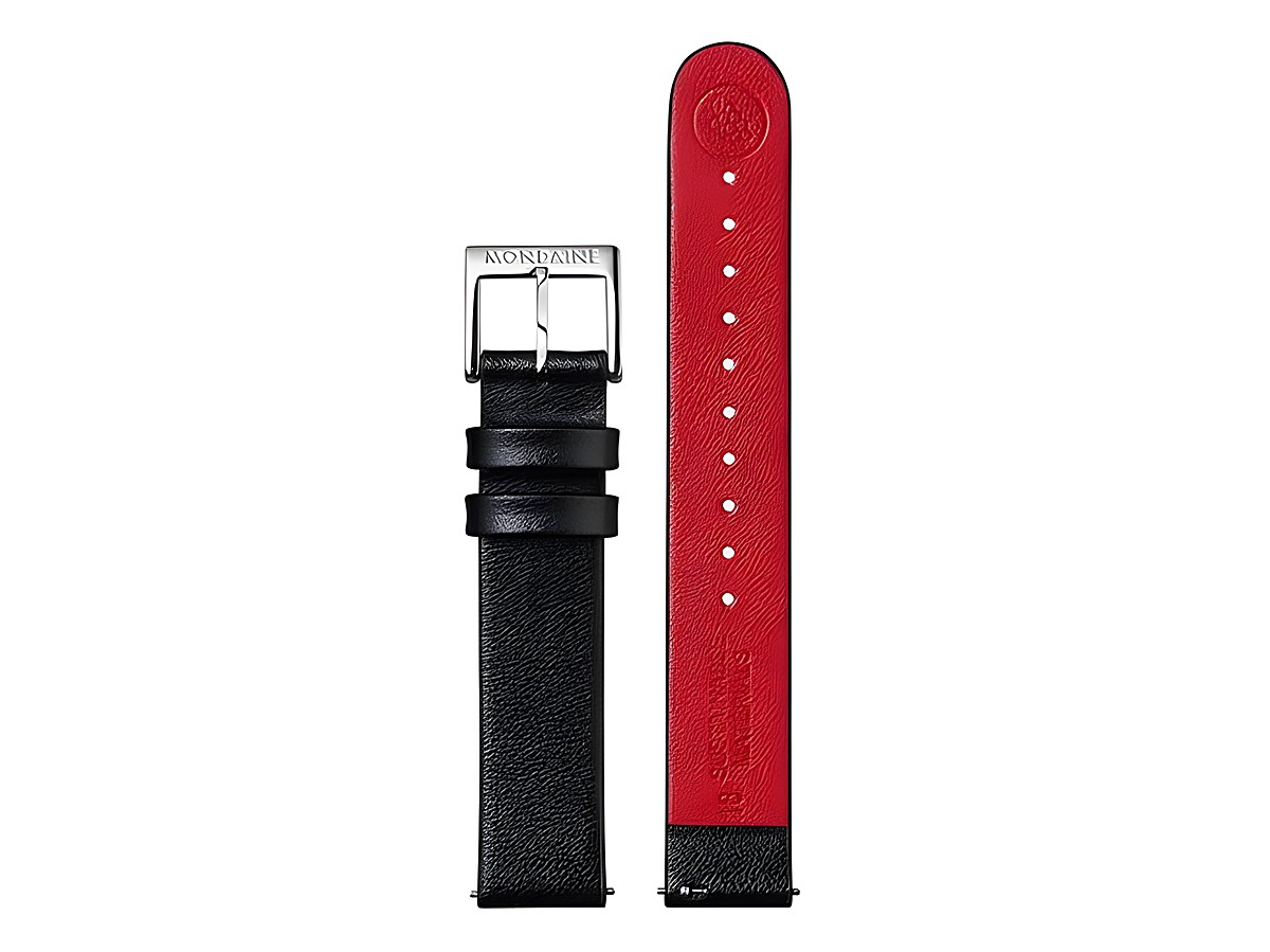 Lederarmband FGM.3116.21Q.K von Mondaine aus veganes Traubenleder in Schwarz mit roter Innenseite und Edelstahlverschluss, 16 mm Breite, geeignet als Ersatzarmband für Uhren.