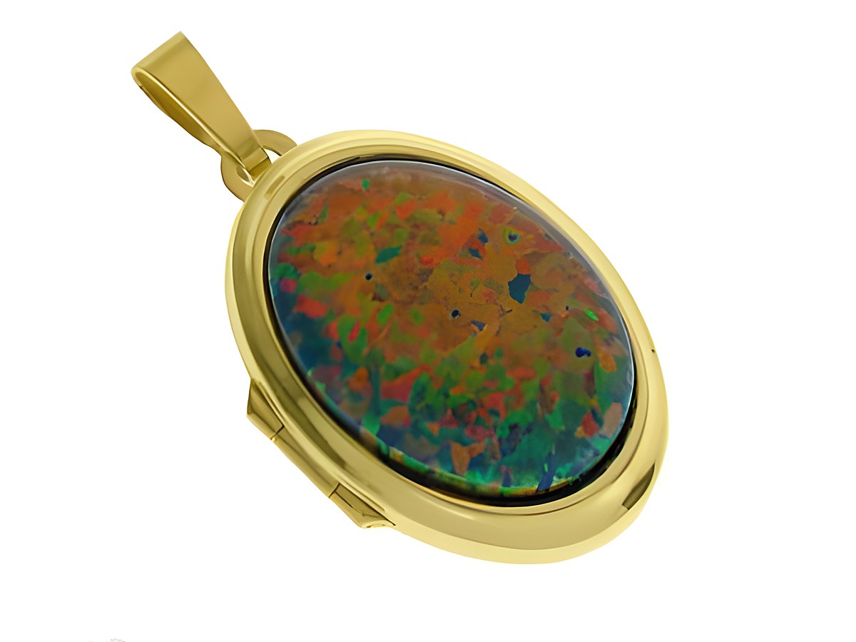 Bunt glänzendes grobes Opal Medaillon mit Cabochonschliff in einer Fassung aus Gold 750, hergestellt von Juwelier Harnisch. Ideal als elegantes Schmuckstück.