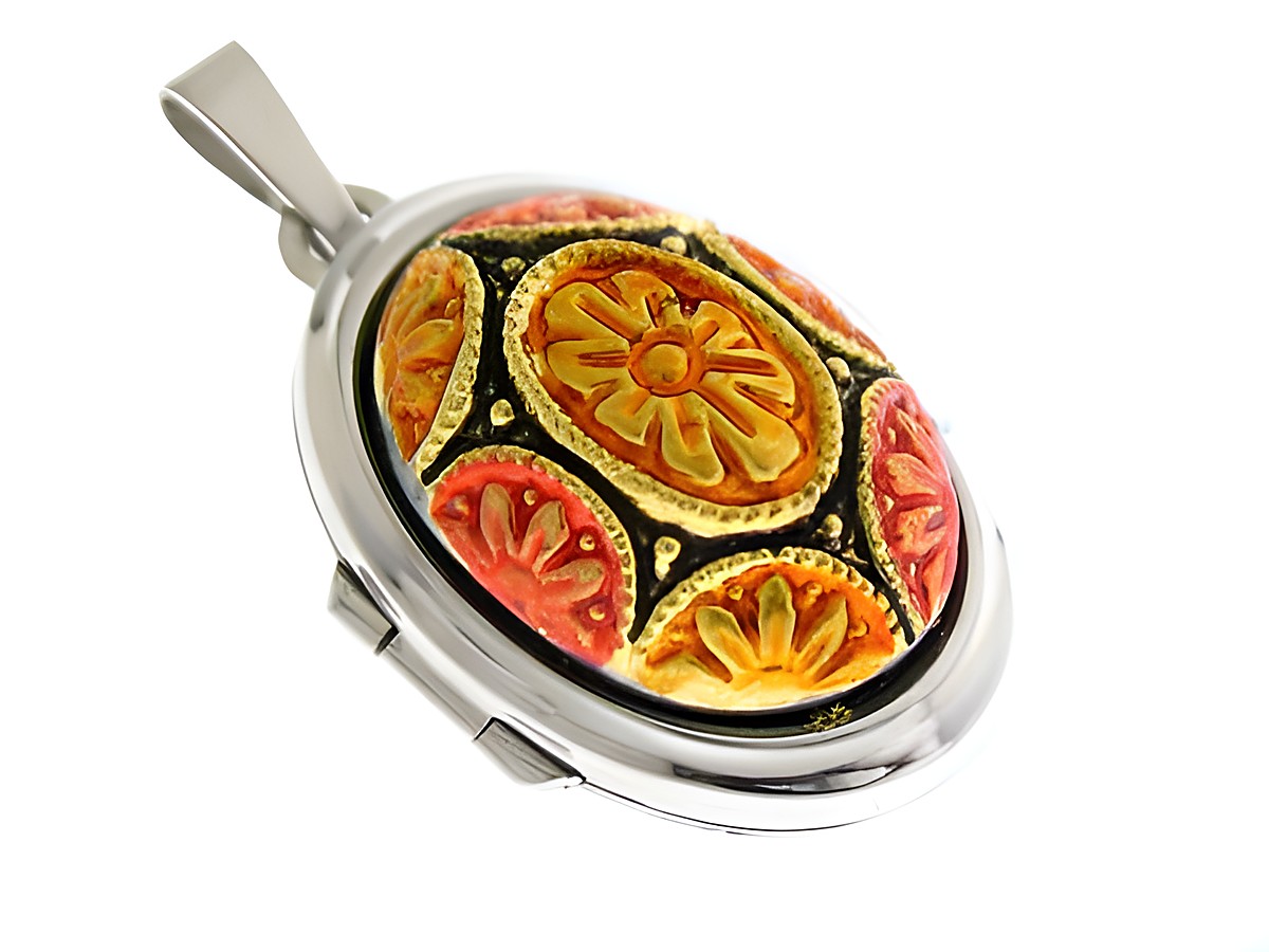 Indisches Medaillon mit Cabochon aus Weißgold 585, hergestellt von Juwelier Harnisch, kunstvoll verziert mit bunten floralem Design und eleganter Umrandung in glänzendem Weißgold.