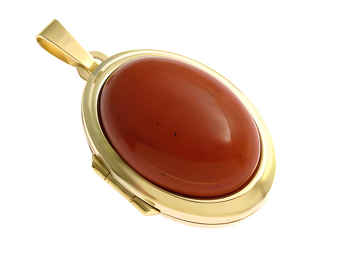 Jaspis Cabochon in ovaler Form, eingefasst in einem eleganten Gold 333 Medaillon, hergestellt von Juwelier Harnisch, ideal als hochwertiges Schmuckstück.