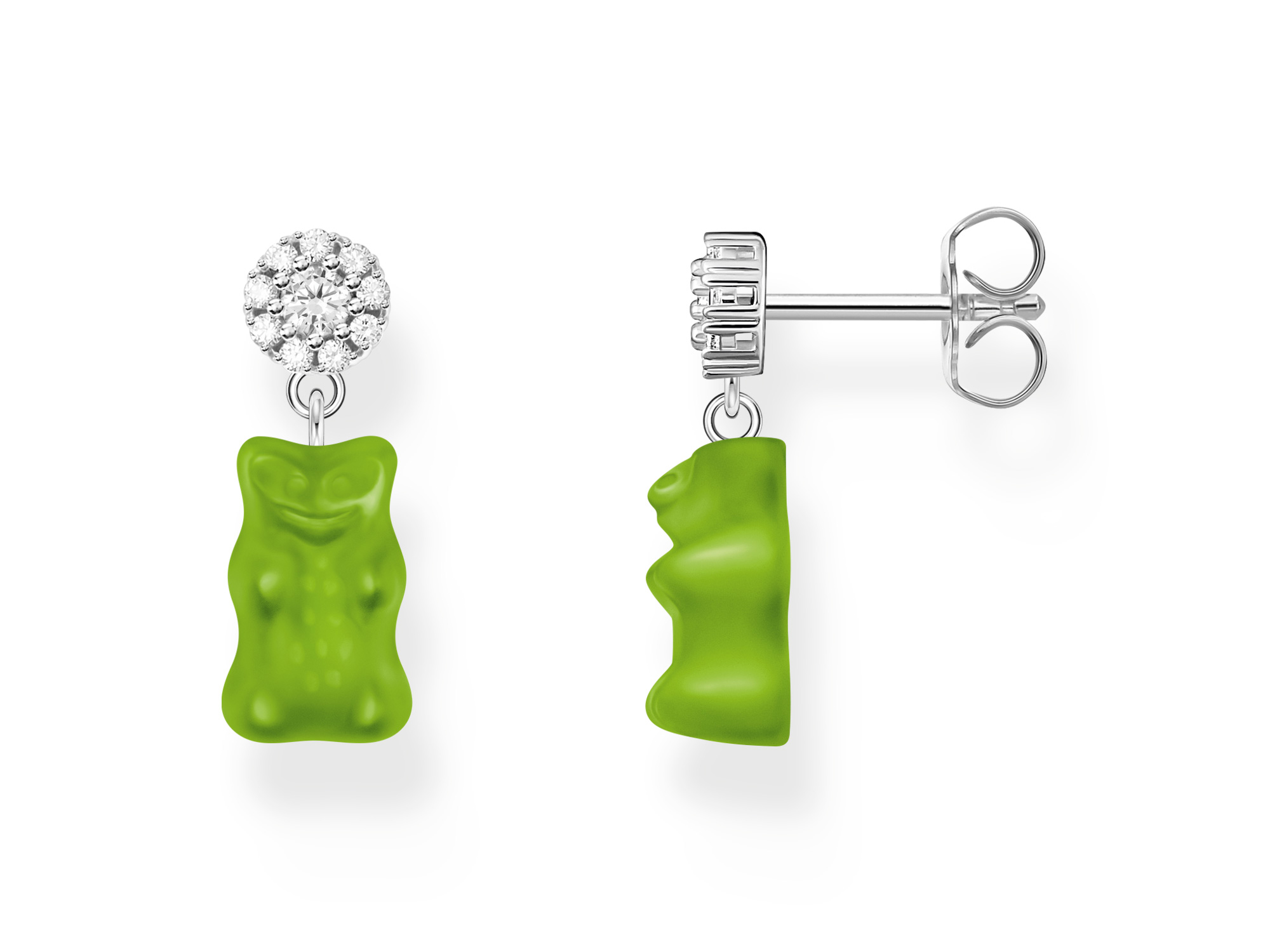 Thomas Sabo Ohrringe in Form eines grünen Gummibärchens mit Glitzersteinen. Perfekt für einen verspielten und modernen Look. Neuheiten des Herstellers Thomas Sabo.