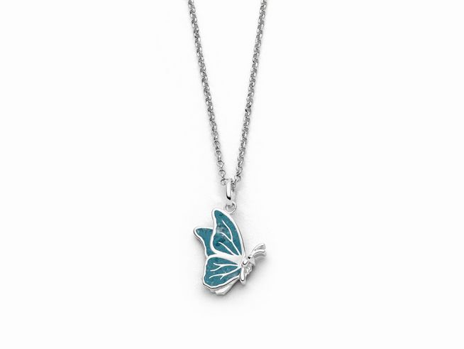 Rhodinierte Sterling Silber Kette von DUR mit einem filigranen Schmetterling aus blauem Steinsand, Länge 45 cm, elegantes Design für einen besonderen Look.