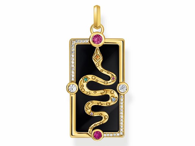 Thomas Sabo Anhänger aus Silber vergoldet mit buntem Emaille und Zirkonia, zeigt eine elegant gestaltete Schlange auf schwarzem Hintergrund, umrandet von funkelnden Steinen.