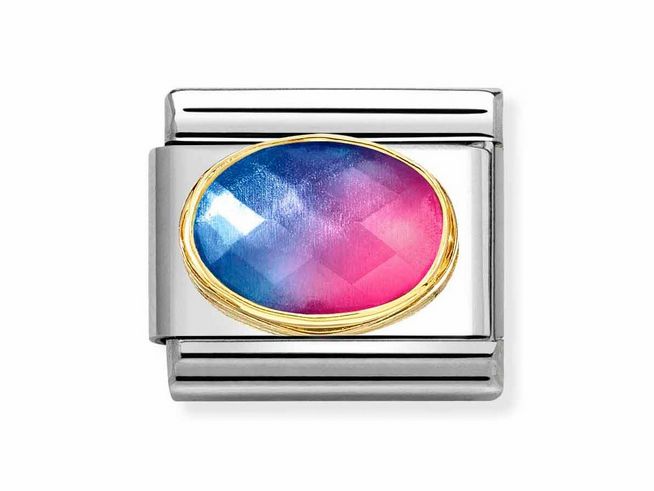 Ovaler Anhänger in Blau-Magenta aus Emaille, umrahmt von einem goldenen Rahmen, auf einem silbernen Band, ideal für modische Akzente. Nomination Classic Gold 030612 36.