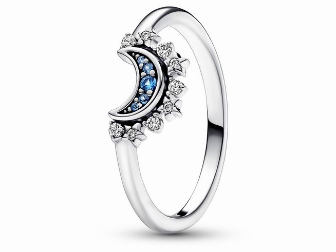 Himmlisch funkelnder blauer Mondring aus Sterling Silber von Pandora, Größe 58, mit blauen und klaren Zirkonia Steinen, der einen eleganten Akzent setzt.