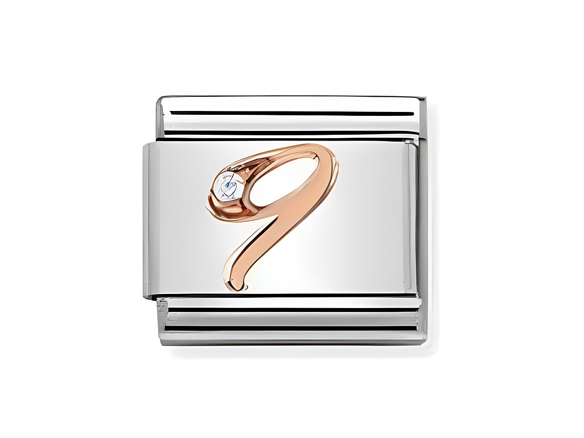 Zahlen Charm von Nomination mit der Zahl 9 in Roségold und einem kleinen weißen Kristall auf einem silbernen Hintergrund, passend für Composable Classic Armbänder.