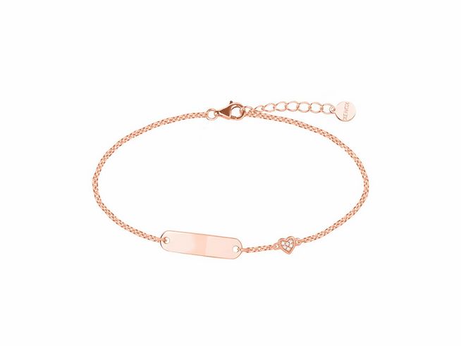 Silbernes Xenox Armband XS3503R in Roségold mit Ankerkette, zarter Gravurplatte und Herzanhänger, verstellbar von 14 bis 16 cm, ideal für lässige und elegante Styles.
