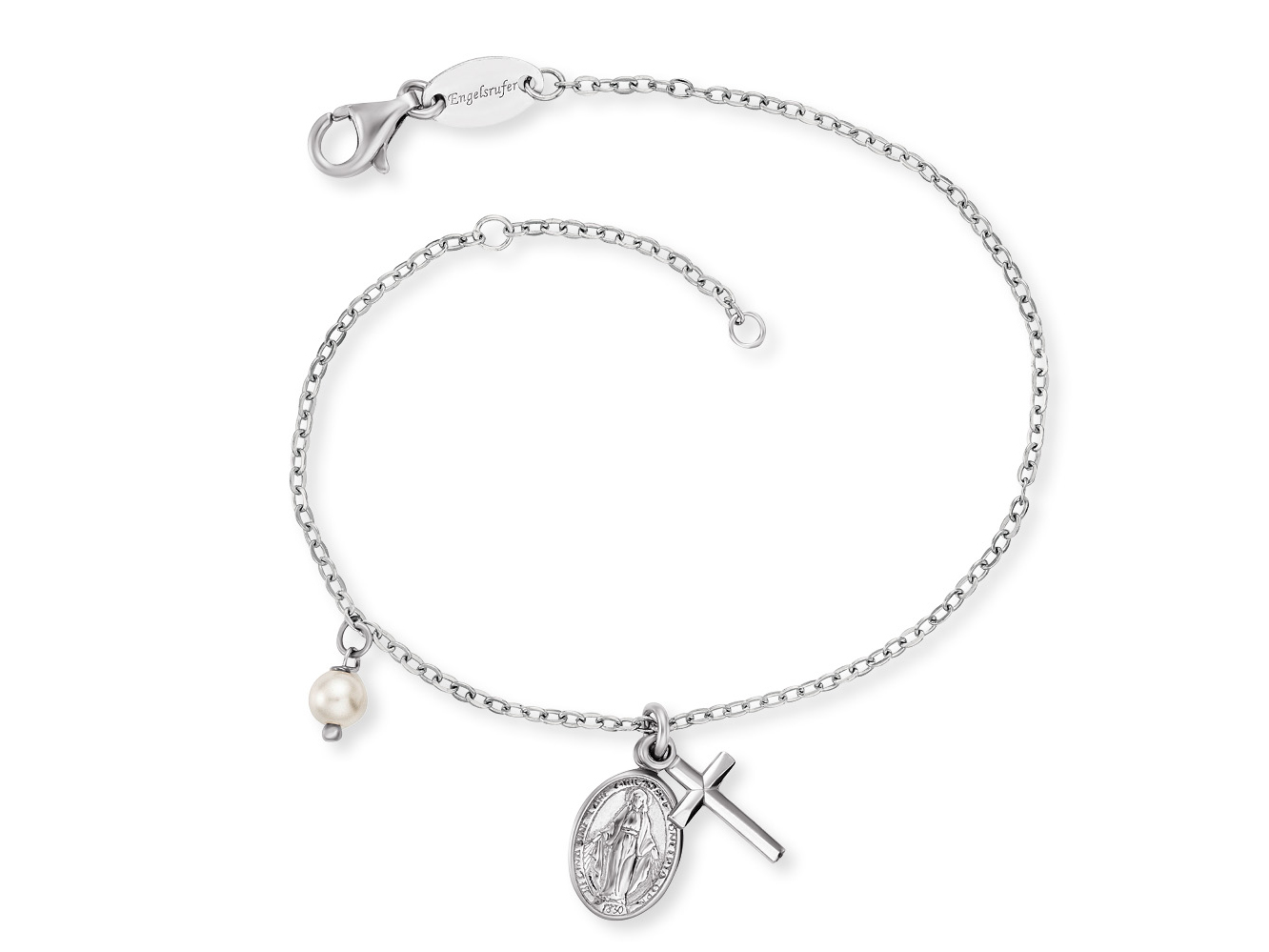 Ein filigranes Armband aus rhodiniertem Silber mit einer Perle und einem Anhänger in Form eines Kreuzes sowie einer Medaille, Gesamtlänge 17 cm.