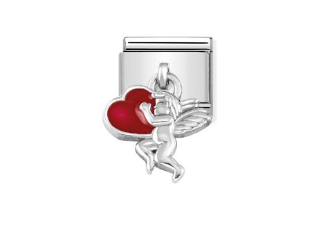 Charm von Nomination Classic - SilverShine 331805 08 zeigt einen Putte, der ein rotes Herz hält, gefertigt aus hochwertigem Silber, perfekt für individuelle Armbänder.