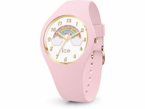 Die ICE fantasia Rainbow pink Small 017890 von Ice watch zeigt ein zartes rosa Armband und ein Zifferblatt mit Regenbogen und Wolken-Design, ideal für eine fröhliche Ausstrahlung.