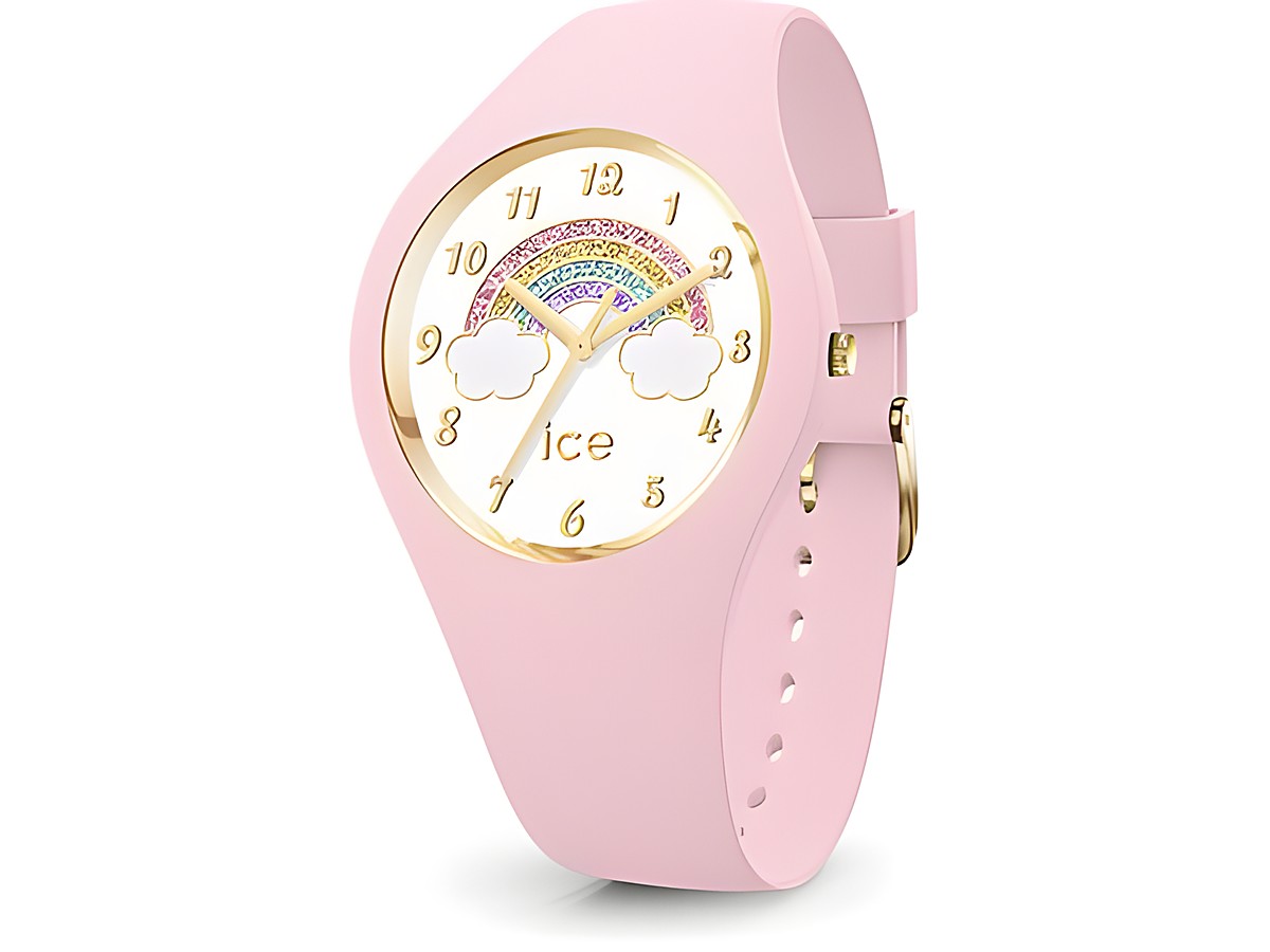 Die ICE fantasia Rainbow pink Small 017890 von Ice watch zeigt ein zartes rosa Armband und ein Zifferblatt mit Regenbogen und Wolken-Design, ideal für eine fröhliche Ausstrahlung.