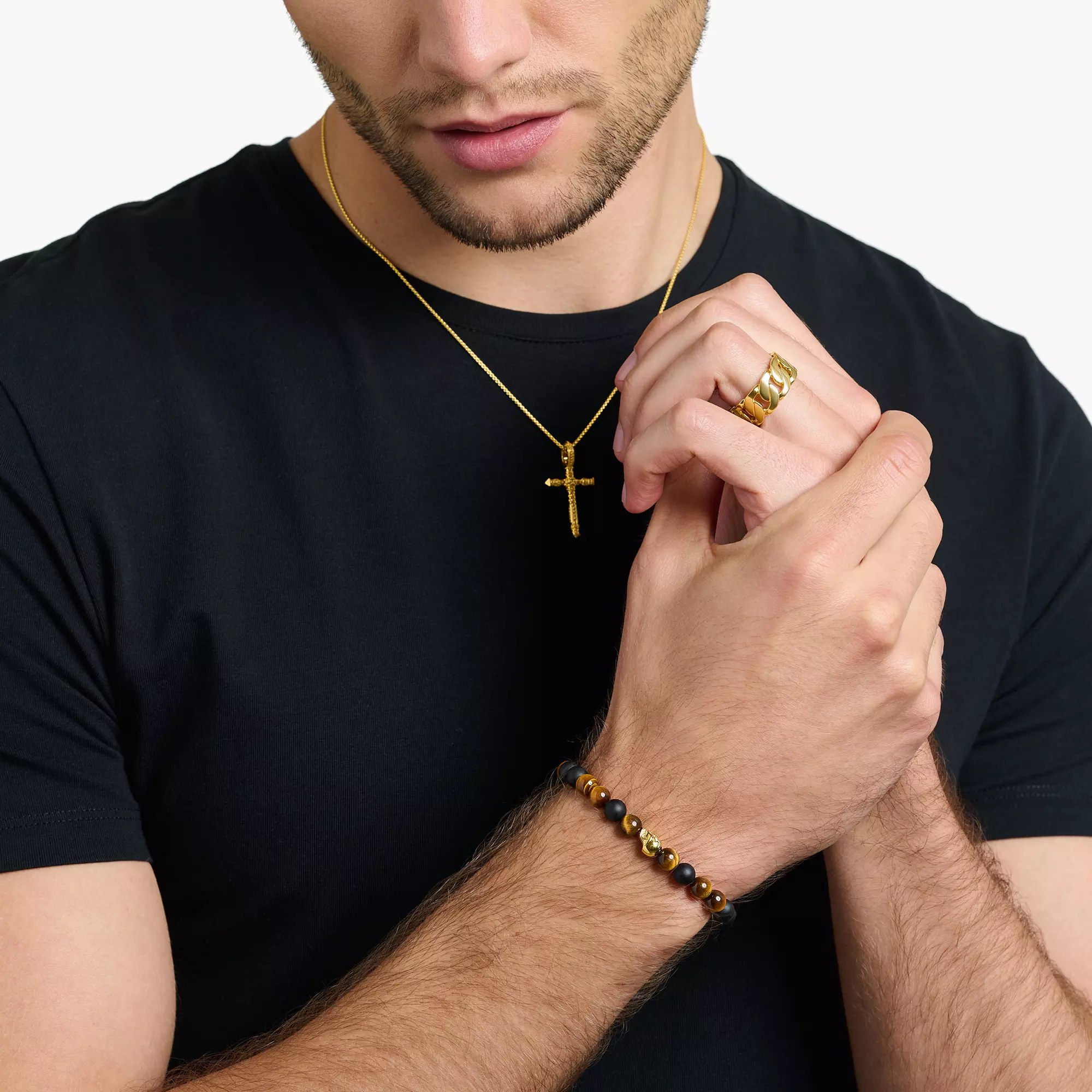 Thomas Sabo Totenkopf Armband 17cm - Silber verg. Gelbgold - Tigerauge - Obsidian – Ansicht 2