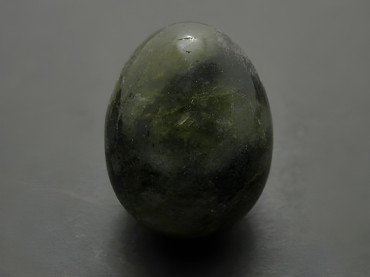 Dunkelgrünes Stein-Ei aus Achat, gefertigt aus Naturstein, Größe 30 x 22 x 22 mm, Hersteller Juwelier Harnisch, ideal für Sammler und als Dekoration.