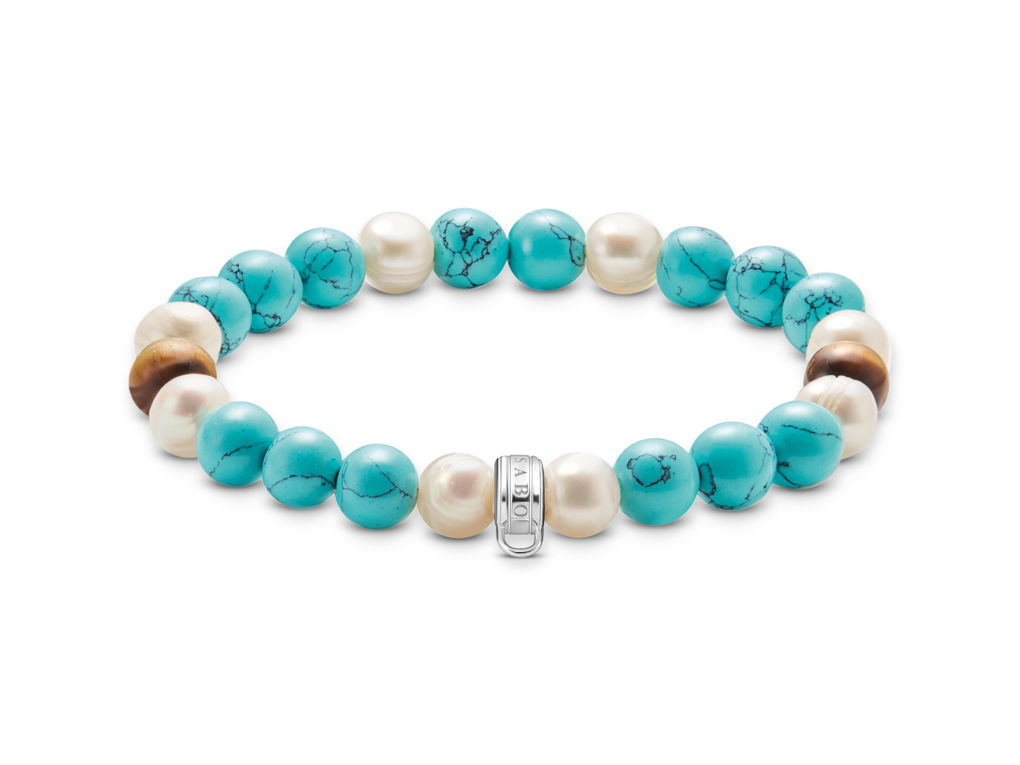 Bunt gefärbtes Thomas Sabo Armband aus Perlen in verschiedenen Blau- und Brauntönen sowie weißen Akzenten, mit einem silbernen Verschluss, geeignet für einen Handgelenksumfang von 15 cm.