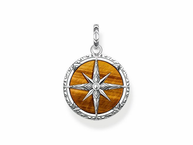 Thomas Sabo Anhänger PE833-826-2 aus Sterling Silber mit einem tigeraugenförmigen, rundem Design und einem Kompassmotiv in der Mitte, umgeben von filigranen Details.