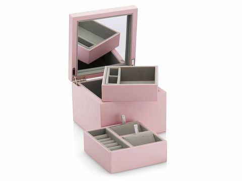 Pandora Schmuckbox in rosa, Modell A004, Größe 9,5 cm, klein mit zwei herausnehmbaren Fächern und Spiegel im Deckel, ideal zur Aufbewahrung von Schmuck und Accessoires.
