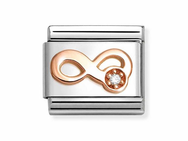 Classic Zirkonia Infinity Charm in Roségold und Edelstahl, verziert mit weißen Zirkonia, elegante Darstellung des Unendlichkeitssymbols, ideal für Anhänger und Armbänder.
