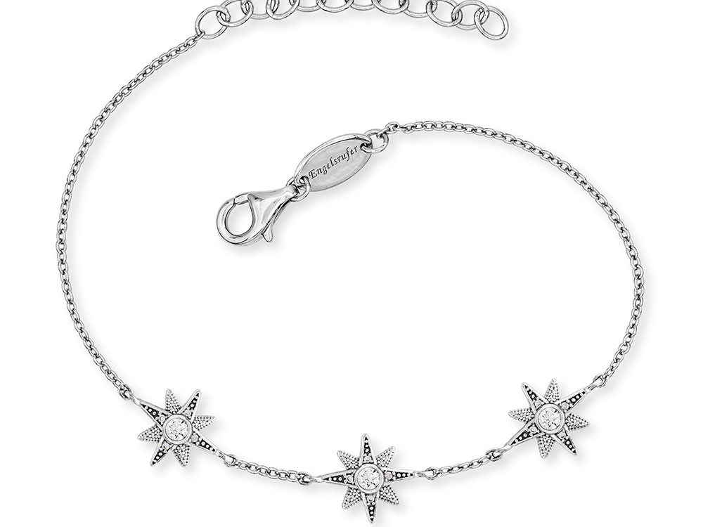 Engelsrufer Armband New Star aus rhodiniertem Silber mit funkelnden Zirkonia, Länge 17 cm, verziert mit stilisierten Sternen als Anhänger, elegantes und zeitloses Design.