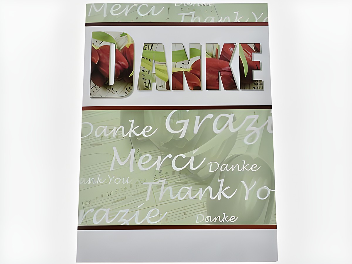 Dankeskarte mit dem Schriftzug Danke, umgeben von Notenblättern und Tulpenmotiven, hergestellt von Juwelier Harnisch, ideal für Dankesbotschaften.