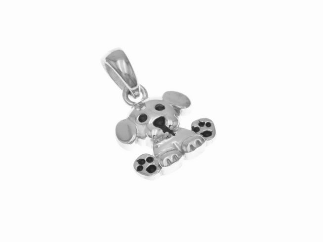 Ein niedlicher Hund-Anhänger aus Silber, rhodiniert und lackiert, hergestellt von Juwelier Harnisch, ideal für Kinder.