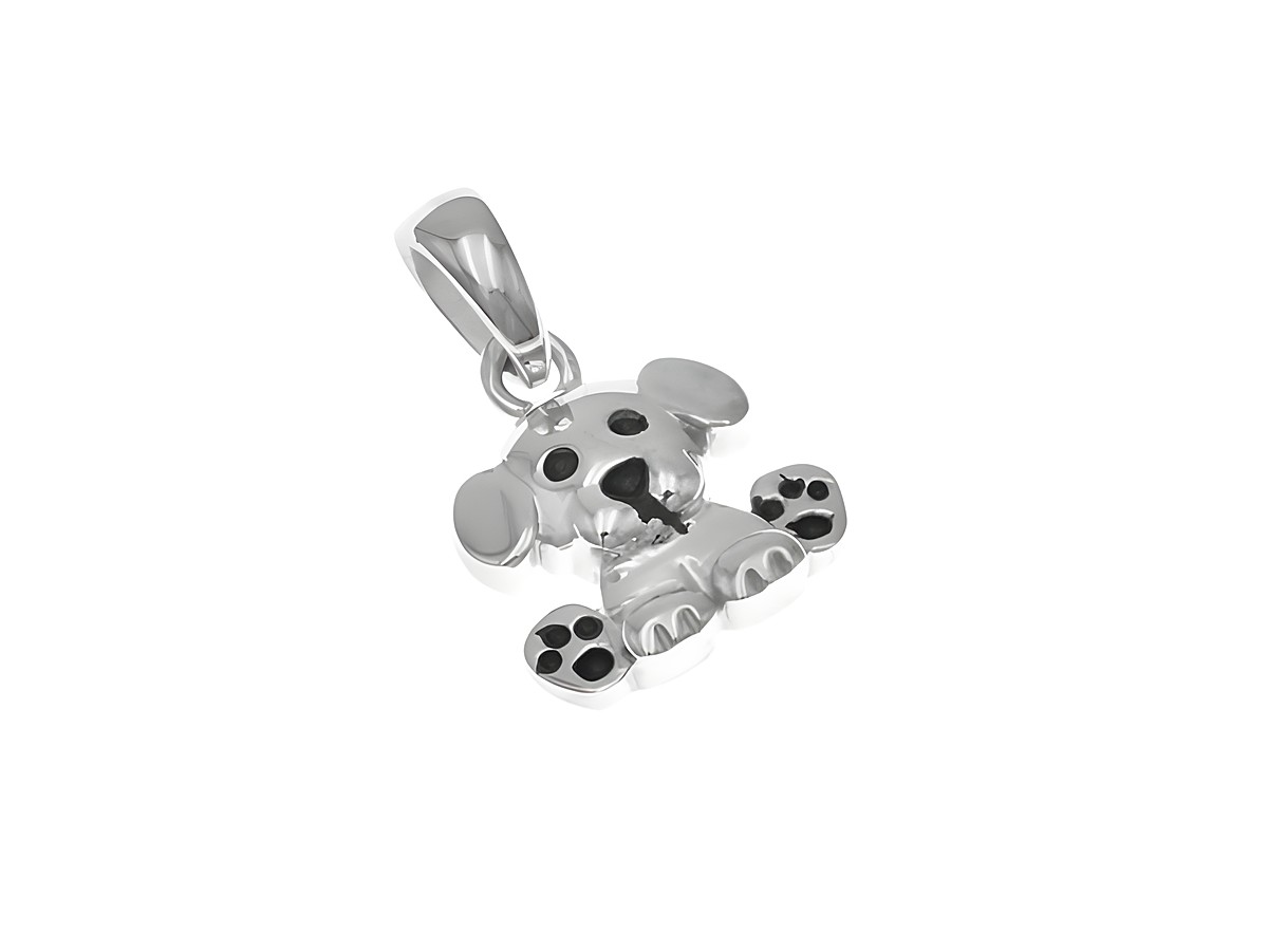 Ein niedlicher Hund-Anhänger aus Silber, rhodiniert und lackiert, hergestellt von Juwelier Harnisch, ideal für Kinder.