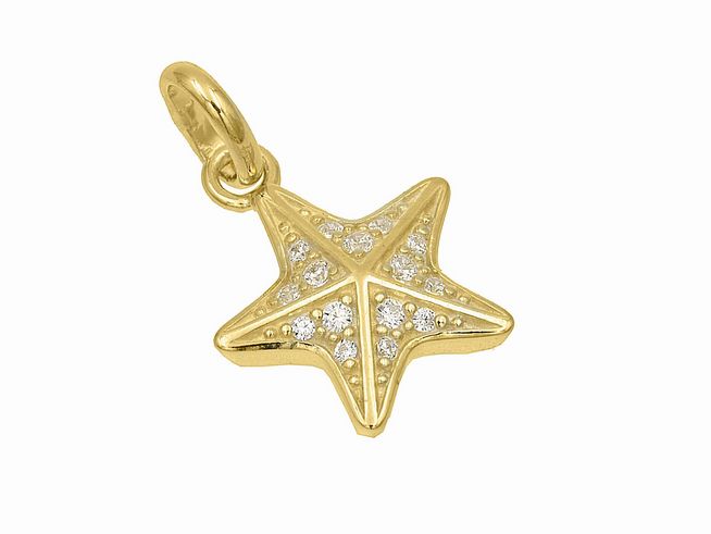 Ein vergoldeter Anhänger in Form eines Seesterns aus poliertem Sterling Silber, verziert mit weißen Zirkonia-Steinen, ideal für Tierliebhaber und Schmuckenthusiasten.