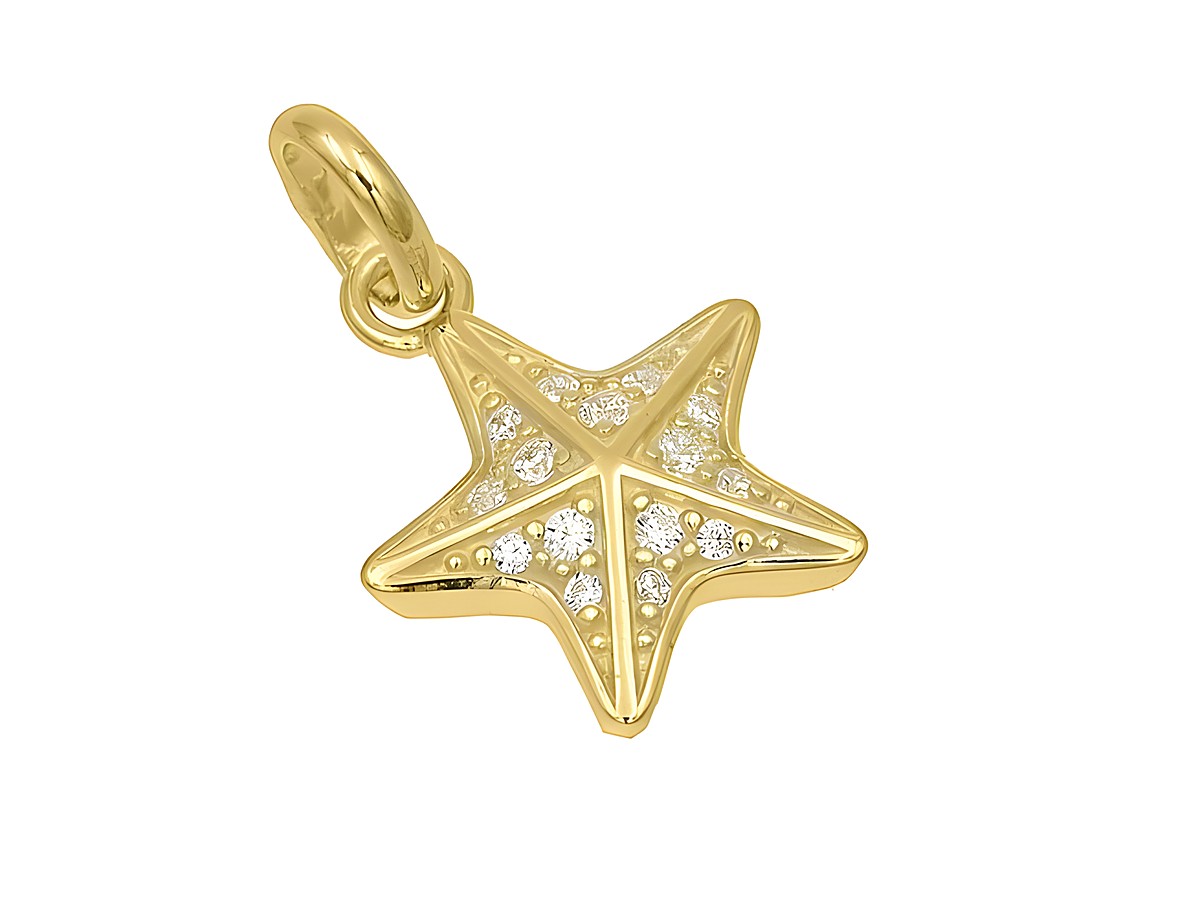 Ein vergoldeter Anhänger in Form eines Seesterns aus poliertem Sterling Silber, verziert mit weißen Zirkonia-Steinen, ideal für Tierliebhaber und Schmuckenthusiasten.