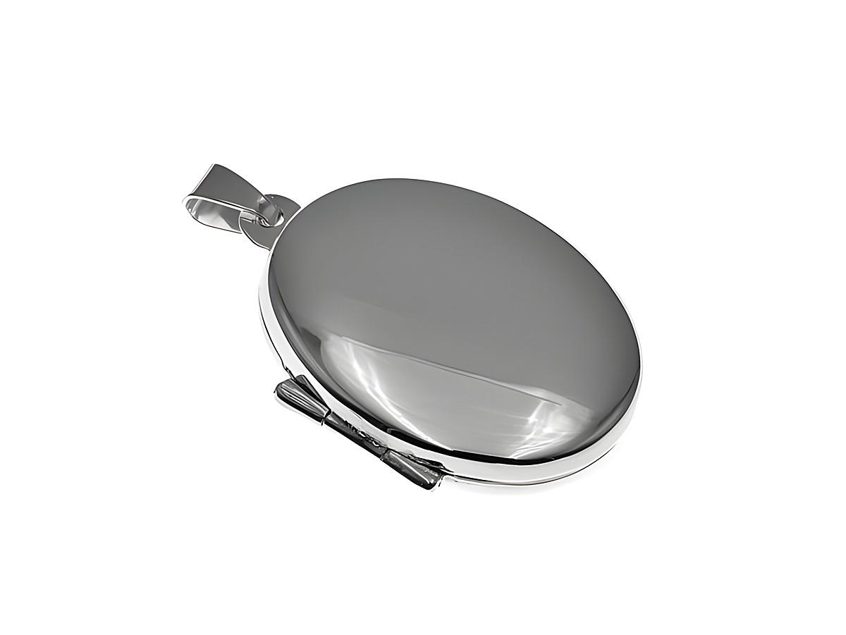 Medaillon oval schlicht und poliert aus Sterling Silber, Hersteller Juwelier Harnisch, zeigt eine elegante Optik mit einem feinen Anhänger und schlichter Oberfläche.