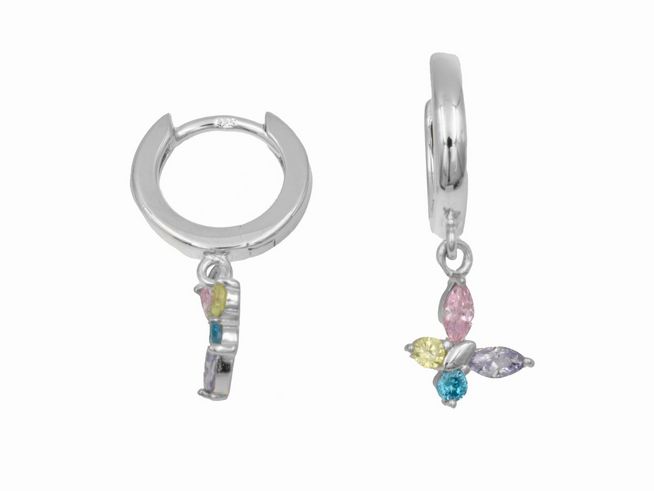 Creolen mit Hänger in Form eines Schmetterlings aus 925 Sterling Silber, poliert und rhodiniert, verziert mit bunten Zirkonia, geeignet für Kinder, Hersteller Juwelier Harnisch.