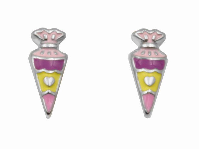 Ohrstecker in Form von bunten Schultüten aus 925 Sterling Silber, poliert und rhodiniert, für Kinder, Hersteller ist Juwelier Harnisch.