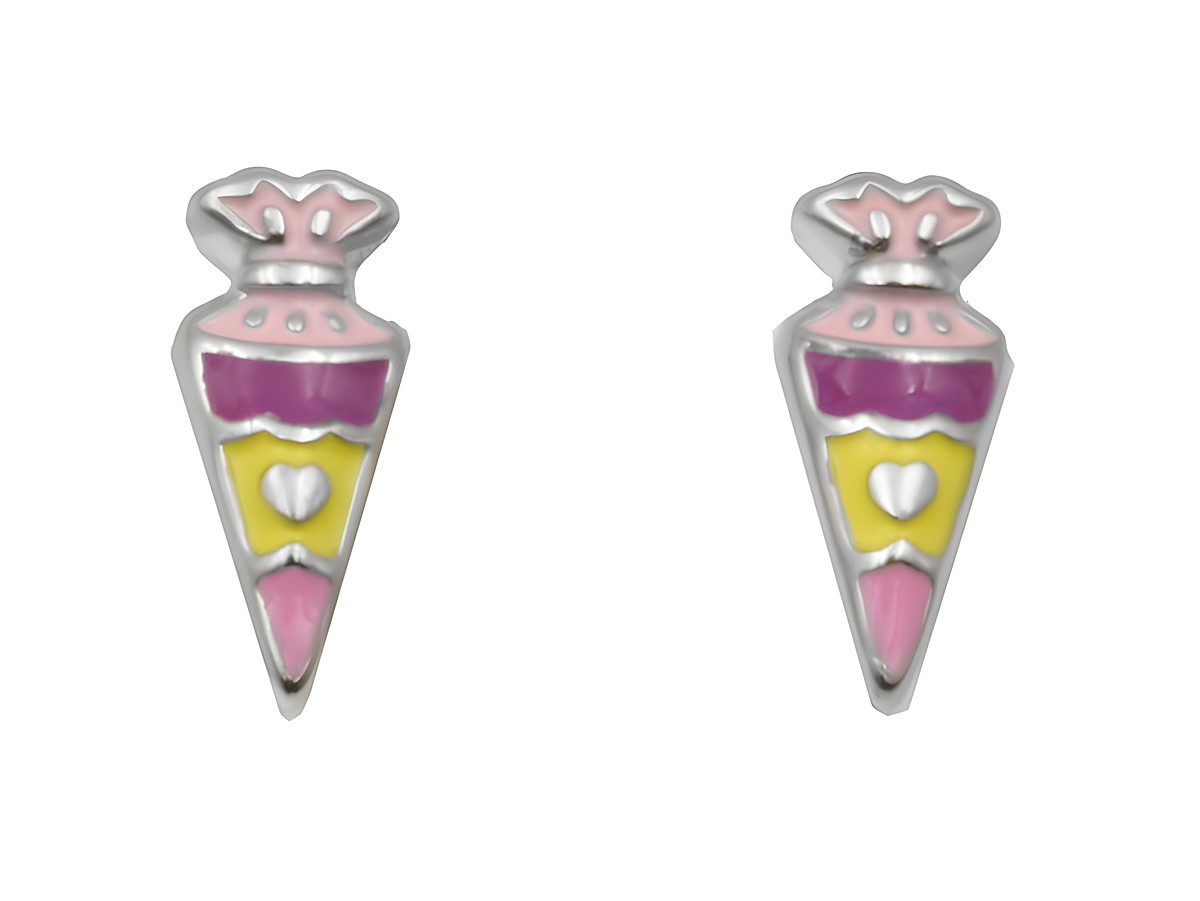 Ohrstecker in Form von bunten Schultüten aus 925 Sterling Silber, poliert und rhodiniert, für Kinder, Hersteller ist Juwelier Harnisch.